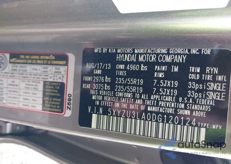 2013 Hyundai Santa Fe Sport 2.0T from USA, damaged, VIN 5XYZU3LA0DG120124